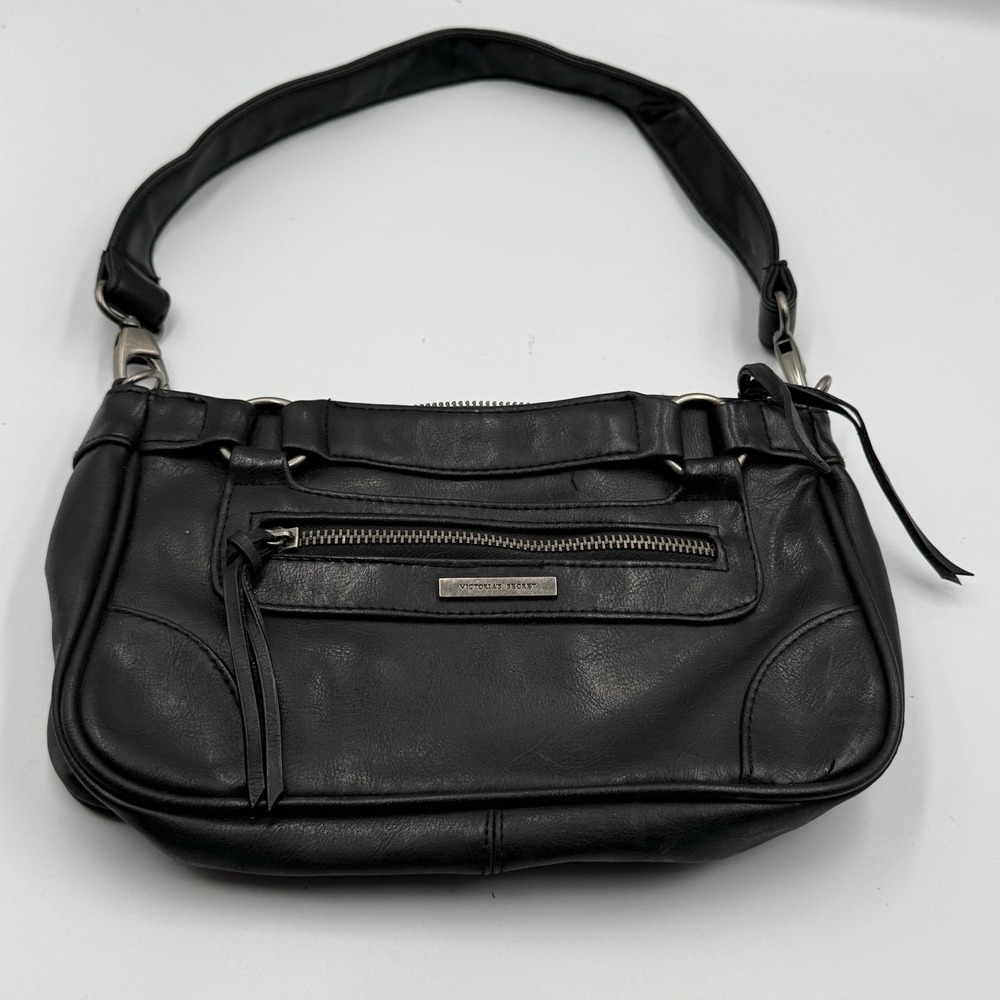 Victoria's Secret Black Leather Shoulder Bag‎ Pink Lined Y2K Zip Purse